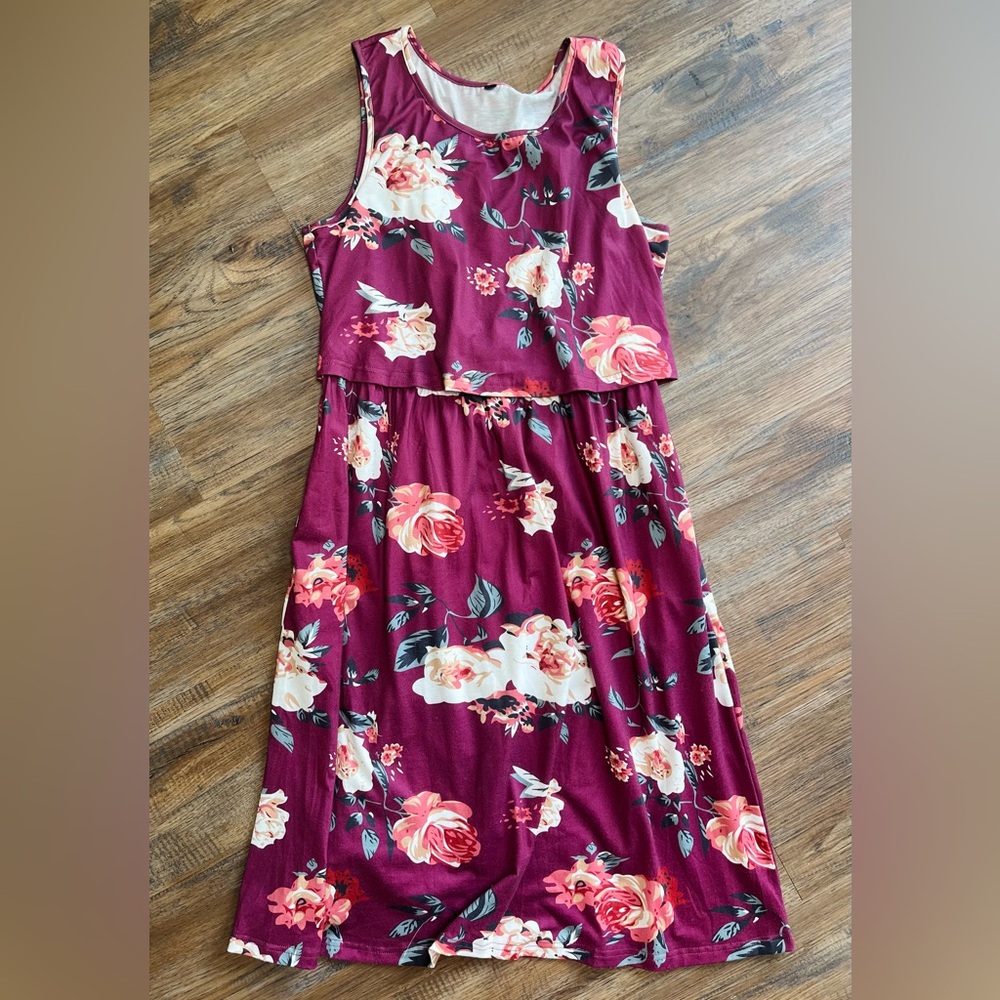 Women’s Maternity Sleeveless Floral Burgundy Nursing Dress L
